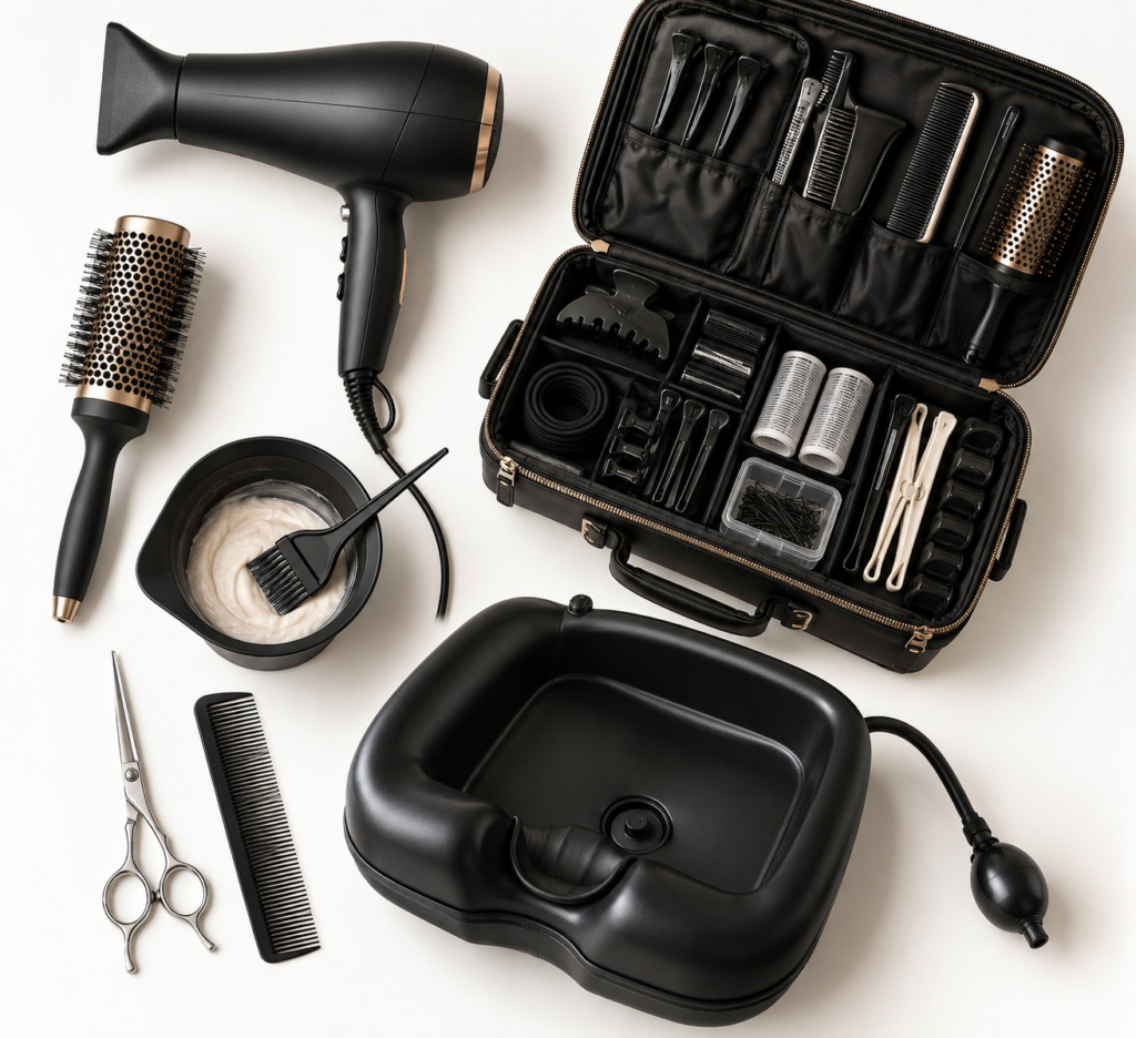 kit complet représentatif du matériel de coiffure à domiciel, bac shampoing, sèche-cheveux...