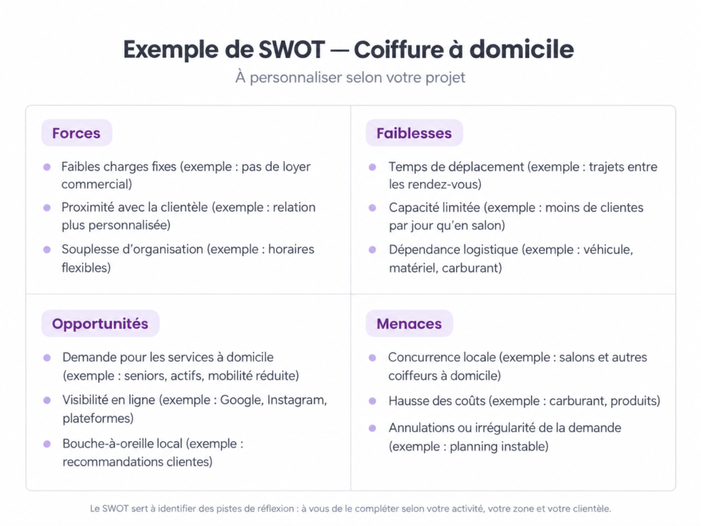 SWOT pour business plan coiffure à domicile qui détail les opportunités et menaces