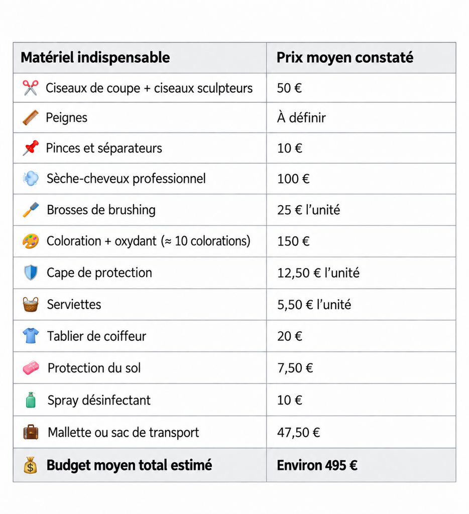 tableau récapitulatif du budget du matériel de coiffure à domicile