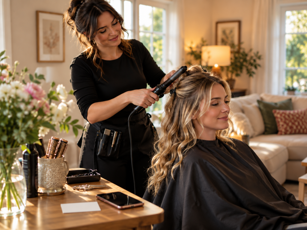 coiffeuse qui coiffe une cliente, avec son téléphone et carte de visite sur la table